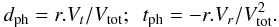 Mathematical equation: $$ d_{\rm ph} = r. V_t/V_{\rm tot}; ~~ t_{\rm ph} = -r. V_r /V_{\rm tot}^2. $$