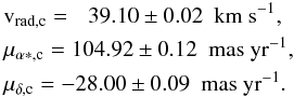 Mathematical equation: \begin{eqnarray} && \mathrm{v_{\rm rad, c}} = \phantom{-}39.10\pm 0.02~~\mathrm{km~s^{-1}}, \nonumber\\ && \mu_{\rm \alpha*, c} = 104.92\pm 0.12~~\mathrm{mas~yr^{-1}}, \nonumber \\ && \mu_{\rm \delta, c} = -28.00 \pm 0.09~~\mathrm{mas~yr^{-1}}. \end{eqnarray}
