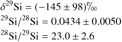 Mathematical equation: \begin{eqnarray*} && \mathrm{\delta^{29}Si} =(-145\pm98)\permil \\ &&\mathrm{^{29}Si/^{28}Si} =0.0434\pm0.0050 \\ &&\mathrm{^{28}Si/^{29}Si} =23.0\pm2.6 \end{eqnarray*}