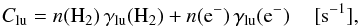 Mathematical equation: \appendix \setcounter{section}{4} \begin{equation} C_{\rm lu} = n({\rm H_2}) \, \gamma_{\rm lu}({\rm H_2}) + n({\rm e}^-) \, \gamma_{\rm lu}({\rm {{\rm e}^-}}) \,\,\,\,\,\,\, [{\rm s^{-1}}], \end{equation}