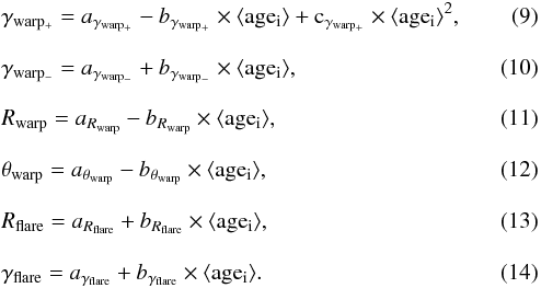 \begin{eqnarray} \label{equ:warp_age} &&\displaystyle \gamma_\mathrm{warp_{+}} = a_{\gamma_\mathrm{warp_{+}}} - b_{\gamma_\mathrm{warp_{+}}} \times \langle\rm age_{i}\rangle + c_{\gamma_\mathrm{warp_{+}}}\times \langle\rm age_{i}\rangle^{2} , \\[3mm] \label{equ:warp_age2} &&\displaystyle \gamma_\mathrm{warp_{-}} = a_{\gamma_\mathrm{warp_{-}}} + b_{\gamma_\mathrm{warp_{-}}} \times \langle\rm age_{i}\rangle, \\[3mm]\label{equ:rwarp_age} &&\displaystyle R_\mathrm{warp} = a_{R_\mathrm{warp}} - b_{R_\mathrm{warp}}\times \langle\rm age_{i}\rangle, \\[3mm] \label{equ:thetawarp_age} &&\displaystyle \theta_\mathrm{warp} = a_{\theta_\mathrm{warp}} - b_{\theta_\mathrm{warp}} \times \langle\rm age_{i}\rangle, \\[3mm] \label{equ:rflare_age} &&\displaystyle R_\mathrm{flare} = a_{R_\mathrm{flare}} + b_{R_\mathrm{flare}} \times \langle\rm age_{i}\rangle, \\[3mm]\label{equ:gflare_age} &&\displaystyle \gamma_\mathrm{flare} = a_{\gamma_\mathrm{flare}} + b_\mathrm{\gamma_{\rm flare}} \times \langle\rm age_{i}\rangle. \end{eqnarray}