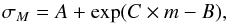 \begin{equation} \label{eq-error} \sigma _M =A+\exp (C\times m - B), \end{equation}
