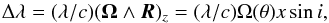 \begin{equation} \Delta\lambda = (\lambda/c)(\vec{\Omega}\wedge\vec{R})_z = (\lambda/c)\Omega(\theta)x\sin i, \label{eq_21} \end{equation}