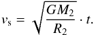 \begin{equation} v_{\rm s}=\sqrt{\frac{GM_2}{R_{\rm 2}}} \cdot t . \label{vs} \end{equation}