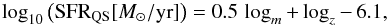 \begin{equation} \log_{10}\left(\textrm{SFR}_{\rm QS} [\msun / {\rm yr}]\right) = 0.5\,\logm + \logz -\, 6.1, \end{equation}