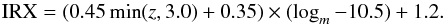 \begin{equation} \irx = (0.45\,{\rm min}(z, 3.0) + 0.35) \times (\logm - 10.5) + 1.2.\label{EQ:irx} \end{equation}
