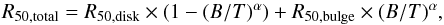 \appendix \setcounter{section}{2} \begin{equation} R_{50,\rm total} = R_{50,\rm disk} \times \left(1 - (B/T)^{\alpha}\right) + R_{50,\rm bulge} \times (B/T)^{\alpha}, \end{equation}