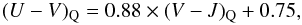 \begin{eqnarray} (U-V)_{\rm Q} = 0.88 \times (V-J)_{\rm Q} + 0.75, \label{EQ:uvj_sequence_q} \end{eqnarray}