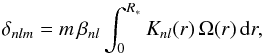 \begin{equation} \label{forward} \delta_{nlm}=m\, \beta_{nl} \int_0^{R_*} K_{nl}(r)\, \Omega(r)\, \mathrm{d}r, \end{equation}