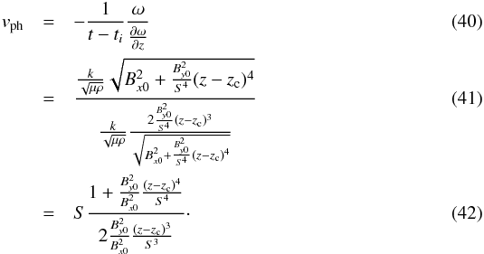 \begin{eqnarray} v_{{\rm ph}} &=& -\frac{1}{t-t_i} \frac{\omega}{\frac{\partial \omega}{\partial z}} \\ &=& \frac{\frac{k}{\sqrt{\mu \rho}} \sqrt{B_{x0}^2 + \frac{B_{y0}^{2}}{S^4}(z-z_{\rm c})^4}}{\frac{k}{\sqrt{\mu \rho}} \frac{2 \frac{B_{y0}^{2}}{S^4}(z-z_{\rm c})^3}{\sqrt{B_{x0}^{2} + \frac{B_{y0}^{2}}{S^4}(z-z_{\rm c})^4}}} \\ &= &S \frac{1 + \frac{B_{y0}^{2}}{B_{x0}^{2}}\frac{(z-z_{\rm c})^4}{S^4}}{2 \frac{B_{y0}^{2}}{B_{x0}^{2}} \frac{(z-z_{\rm c})^3}{S^3}}\cdot \end{eqnarray}