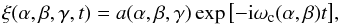 \begin{eqnarray} \xi (\alpha,\beta,\gamma, t) = a(\alpha,\beta,\gamma )\exp \left[-{\rm i}\omega_{\rm c}(\alpha,\beta)t\right]\!, \label{perturbationquanity} \end{eqnarray}