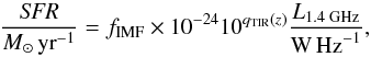 \begin{equation} \frac{\textit{SFR}}{\msolyr} = f_{\text{IMF}} \times 10^{-24} 10^{\qtir(z)} \frac{\lum}{\whz}, \label{eq:sfr} \end{equation}