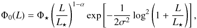 \begin{equation} \Phi_0(L)=\Phi_\star\left(\frac{L}{L_\star}\right)^{1-\alpha} \exp\left[-\frac{1}{2\sigma^2}\log^2\left(1+\frac{L}{L_\star}\right)\right], \label{eq:lflocal} \end{equation}