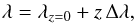 Mathematical equation: \begin{equation} \label{eq:4} \lambda = \lambda_{z=0} + z\,\Delta \lambda\text{,} \end{equation}