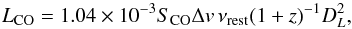 Mathematical equation: \begin{equation} L_{\mathrm{CO}} = 1.04 \times 10^{-3} S_{\mathrm{CO}}\Delta {v}\, \nu_{\mathrm{rest}}(1+z)^{-1}D_{{L}}^{2} , \end{equation}