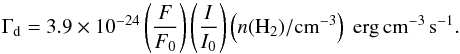 \begin{equation} \label{eq:dustheating} \Gamma_{\rm d} = 3.9 \times 10^{-24} \left(\frac{F}{F_0}\right) \left(\frac{I}{I_0}\right) \left(n({\rm H_2})/{\rm cm^{-3}}\right)~{\rm erg\,cm^{-3}\,s^{-1}}. \end{equation}