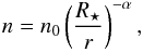\begin{equation} n = n_0 \left(\frac{R_\star}{r}\right)^{-\alpha}, \end{equation}