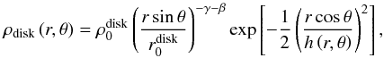 \appendix \setcounter{section}{2} \begin{eqnarray*} \rho_\mathrm{disk} \left(r,\theta \right) = \rho_0^\mathrm{disk} \left(\frac{r \sin \theta}{r_0^\mathrm{disk}}\right)^{-\gamma-\beta} \exp \left[ -\frac{1}{2} \left(\frac{r \cos \theta}{h\left(r,\theta\right)}\right)^2 \right], \end{eqnarray*}