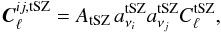 \begin{equation} \vec{C}^{ij,\rm tSZ}_{\ell} = A_{\rm tSZ} \, a^{\rm tSZ}_{\nu_i} a^{\rm tSZ}_{\nu_j} C_{\ell}^{\rm tSZ} , \label{eq:tSZ_model} \end{equation}