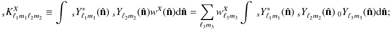 \appendix \setcounter{section}{1} \begin{equation} \label{defk} \K{s}{X}{\lmun\lmdeux} \equiv \int \Ystar{s}{\lmun}(\hat{\bf n}) \Y{s}{\lmdeux}(\hat{\bf n}) w^X(\hat{\bf n}) {\rm d}\hat{\bf n} = \sum_{\lmtrois} w^X_{\lmtrois} \int \Ystar{s}{\lmun}(\hat{\bf n}) \Y{s}{\lmdeux}(\hat{\bf n}) \Y{0}{\lmtrois}(\hat{\bf n}) {\rm d}\hat{\bf n}; \end{equation}