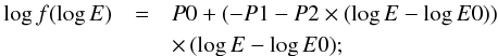\begin{eqnarray} \log{f (\log{E}) } &=& P0 + ( -P1 - P2 \times ( \log{E} - \log{E0} ) ) \nonumber\\ && \times\, (\log{E} - \log{E0} ) ; \label{equ:logparabola} \end{eqnarray}