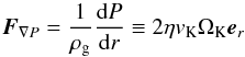 \appendix \setcounter{section}{2} \begin{equation} \bs{F}_{\nabla P} = \frac{1}{\rho_{\rm g}} \frac{{\rm d}P}{{\rm d}r} \equiv 2\eta v_{\rm K} \Omega_{\rm K} \bs{e}_r \label{eq:P-grad} \end{equation}