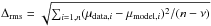\hbox{$\Delta_{\rm rms} = \sqrt{\sum_{i=1,n} (\mu_{{\rm data},i} - \mu_{{\rm model},i})^2 /(n-\nu)}$}