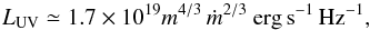 \begin{equation} \label{lo} \Lo\simeq 1.7\times10^{19} m^{4/3}\,\dot{m}^{2/3}~{\rm erg\,s}^{-1}\,{\rm Hz}^{-1}, \end{equation}