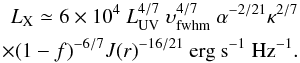\begin{eqnarray} \label{lxlow} \Lx \simeq 6\times10^4~\Lo^{4/7}~\w^{4/7}~\alpha^{-2/21} \kappa^{2/7} \nonumber \\\times(1-f)^{-6/7}J(r)^{-16/21} ~ {\rm erg~s^{-1}~Hz^{-1}}. \end{eqnarray}