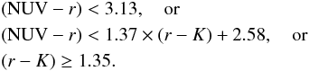 \begin{eqnarray} && (\mathrm{NUV} - r) < 3.13, \quad \text{or} \nonumber \\ && (\mathrm{NUV} - r) < 1.37 \times (r - K) + 2.58, \quad \text{or} \label{act_eq} \\ && (r - K) \geq 1.35. \nonumber \end{eqnarray}