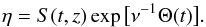 \begin{equation} \eta = S(t,z)\exp\big[\nu^{-1}\Theta(t)\big]. \label{eq:6.2} \end{equation}