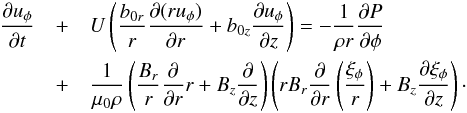 \begin{eqnarray} \pder{u_\phi}{t} & +& U\left(\frac{b_{0r}}r\pder{( r u_\phi)}{r} + b_{0z}\pder{u_\phi}{z}\right) = -\frac1{\rho r}\pder{P}{\phi} \nonumber \\ & +& \frac1{\mu_0\rho}\left(\frac{B_r}r\pder{}{r}r + B_z\pder{}{z}\right) \left(rB_r\pder{}{r}\left(\frac{\xi_\phi}r\right) + B_z\pder{\xi_\phi}{z}\right) \cdot \label{eq:3.26} \end{eqnarray}
