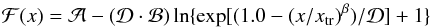 Mathematical equation: \begin{equation} {\cal F}(x)= {\cal A} - ({\cal D}\cdot {\cal B})\ln\{\exp[(1.0 - (x/x_{\rm tr})^{\beta})/{\cal D}] + 1\} \label{scaling function} \end{equation}