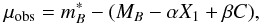 \begin{equation} \mu_{\text{obs}}=m_B^*-(M_B-\alpha X_1+\beta C) , \end{equation}