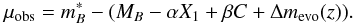\begin{equation} \mu_{\text{obs}}=m_B^*-(M_B-\alpha X_1+\beta C+\Delta m_{\text{evo}}(z)). \end{equation}