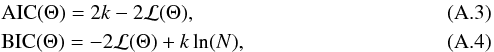 \appendix \setcounter{section}{1} \begin{eqnarray} &&\mathrm{AIC}(\Theta) = 2 k - 2 \Lagr(\Theta), \label{eq:AIC} \\ &&\mathrm{BIC}(\Theta) = -2 \Lagr(\Theta) + k \ln(N), \label{eq:BIC} \end{eqnarray}