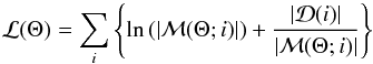 \appendix \setcounter{section}{1} \begin{equation} \Lagr(\Theta) = \sum \limits^{}_{i} \left\{\ln \left(|\Magr(\Theta; i)|\right) + \frac{|\Dagr(i)|}{|\Magr(\Theta; i)|}\right\} \label{eq:log_likelihood} \end{equation}