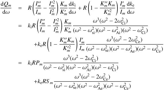 \appendix \setcounter{section}{2} \begin{eqnarray} % \frac{{\rm d}Q_m}{{\rm d}\omega}&=&R\left(\frac{I_m''}{I_m}-\frac{I_m'^2}{I_m^2}\right)\frac{K_m}{K_m'}\frac{{\rm d} k_{\rm i}}{{\rm d}\omega} +R\left(1-\frac{K_m''K_m}{K_m'^2}\right)\frac{I_m'}{I_m}\frac{{\rm d} k_{\rm e}}{{\rm d}\omega}\nonumber\\ &=&k_{\rm i}R\left(\frac{I_m''}{I_m}-\frac{I_m'^2}{I_m^2}\right)\frac{K_m}{K_m'} \frac{\omega^3(\omega^2-2\omega_{\rm Ci}^2)}{(\omega^2-\omega_{\rm si}^2)(\omega^2-\omega_{\rm Ai}^2)(\omega^2-\omega_{\rm Ci}^2)} \nonumber\\&&\quad+k_{\rm e}R\left(1-\frac{K_m''K_m}{K_m'^2}\right) \frac{I_m'}{I_m}\frac{\omega^3(\omega^2-2\omega_{\rm Ce}^2)}{(\omega^2-\omega_{\rm se}^2)(\omega^2-\omega_{\rm Ae}^2)(\omega^2-\omega_{\rm Ce}^2)} \nonumber\\&=&k_{\rm i}R P_m\frac{\omega^3(\omega^2-2\omega_{\rm Ci}^2)}{(\omega^2-\omega_{\rm si}^2)(\omega^2-\omega_{\rm Ai}^2)(\omega^2-\omega_{\rm Ci}^2)} \nonumber\\&&\quad+k_{\rm e}R S_m\frac{\omega^3(\omega^2-2\omega_{\rm Ce}^2)}{(\omega^2-\omega_{\rm se}^2)(\omega^2-\omega_{\rm Ae}^2)(\omega^2-\omega_{\rm Ce}^2)}\label{eq:b5} \end{eqnarray}