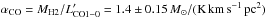 \hbox{$\alpha_{\rm CO} = {M}_{\rm H2}/L'_{\rm CO 1-0} = 1.4 \pm 0.15 \,{M}_\odot/(\rm{K}\,\rm{km\,s^{-1}}\,\rm{pc}^{2})$}