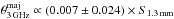 Mathematical equation: \hbox{$\theta_{\rm 3\, GHz}^{\rm maj} \propto (0.007 \pm 0.024)\times S_{\rm 1.3\, mm}$}