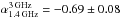 Mathematical equation: \hbox{$\alpha_{\rm 1.4\, GHz}^{\rm 3\, GHz}= -0.69\pm0.08$}