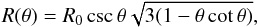 \begin{equation} R(\theta)=R_0 \csc{\theta} \sqrt{3(1-\theta \cot{\theta})} , \label{eq_bowshock_shape} \end{equation}