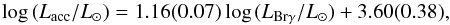 \begin{equation} \log{(L_{\rm acc}/L_{\odot})}=1.16(0.07)\log{(L_{\rm Br\gamma}/L_{\odot})} + 3.60(0.38), \label{eq_lacc} \end{equation}
