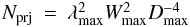 Mathematical equation: \begin{equation} \label{eq:nprj} \begin{matrix} \Nprj&\!\!\!=\!\!\!&\lambda^2_{\max}W^2_{\max}D^{-4}_{\max} \end{matrix} \end{equation}