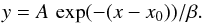 Mathematical equation: \begin{equation} y = A\, \exp (-(x - x_{\rm{0}}))/\beta. \label{exp} \end{equation}