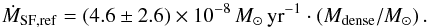 Mathematical equation: \begin{equation} \dot{M}_{\rm{}SF,ref} = (4.6\pm{}2.6)\times{}10^{-8}\,M_{\odot}\,{\rm{}yr}^{-1} \cdot{}(M_{\rm{}dense}/M_{\odot}) \, . \label{eq:sf-reference} \end{equation}