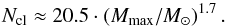 Mathematical equation: \appendix \setcounter{section}{3} \begin{equation} N_{\rm{}cl} \approx 20.5 \cdot (M_{\rm{}max}/M_{\odot})^{1.7} \, . \label{app-eq:n_cl} \end{equation}