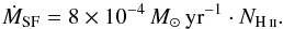 Mathematical equation: \appendix \setcounter{section}{3} \begin{equation} \dot{M}_{\rm{}SF} = 8\times{}10^{-4}\,M_{\odot}\,{\rm{}yr}^{-1} \cdot N_{\ion{H}{ii}} . \end{equation}