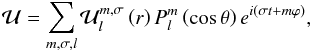 Mathematical equation: \begin{equation} \mathcal{U} = \sum_{m,\sigma,l} \mathcal{U}_l^{m,\sigma} \left( r \right) P_l^m \left( \cos \theta \right) e^{i \left( \sigma t + m \varphi \right)}, \end{equation}