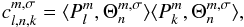 Mathematical equation: \begin{equation} c_{l,n,k}^{m,\sigma} = \langle P_l^m , \Theta_n^{m,\sigma} \rangle \langle P_k^m , \Theta_n^{m,\sigma} \rangle, \label{clnk} \end{equation}